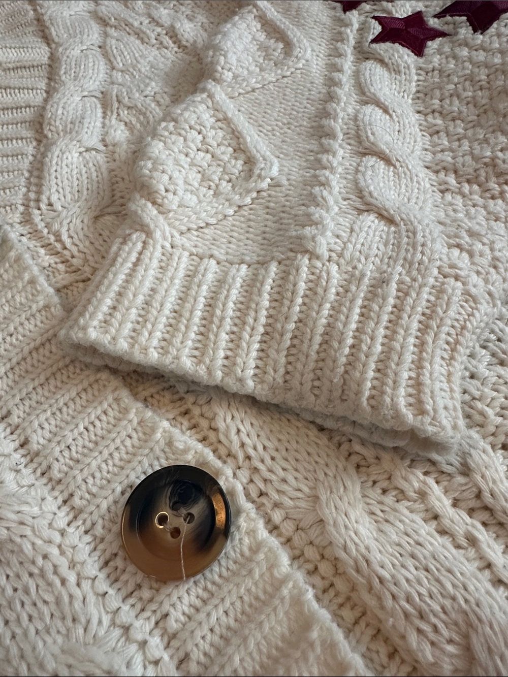 EUC Taylor Swift “RED” Cream Cable-Knit Cardigan w/ Star Appliqués SZ XS/SM - Picture 8 of 16